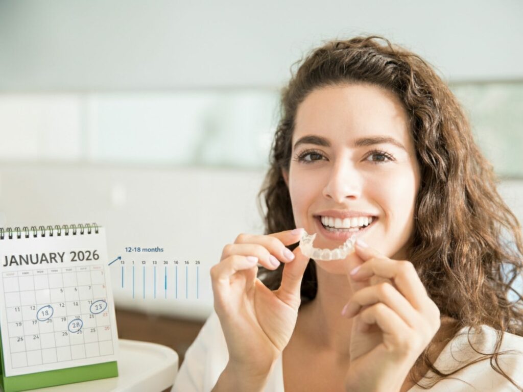 Femme avec gouttière Invisalign et calendrier de traitement
