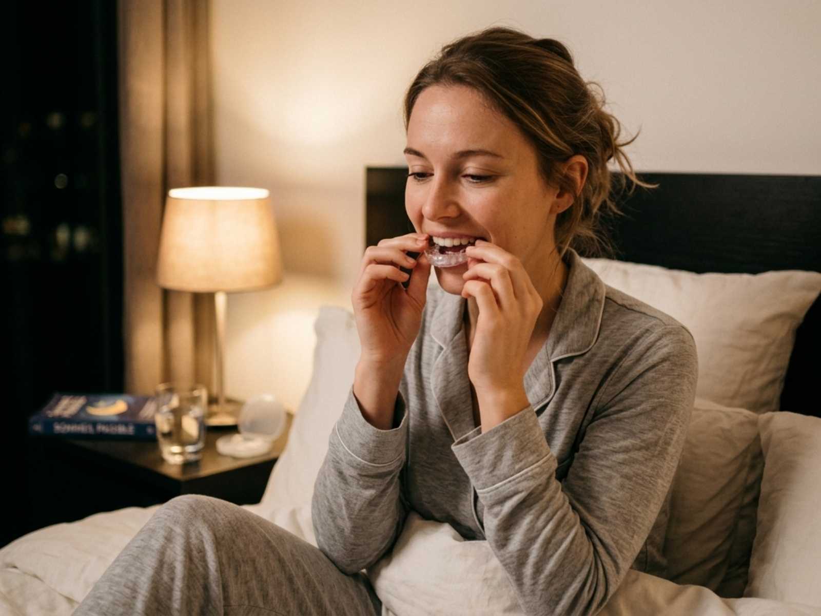 Femme mettant sa gouttière dentaire transparente la nuit avant de dormir